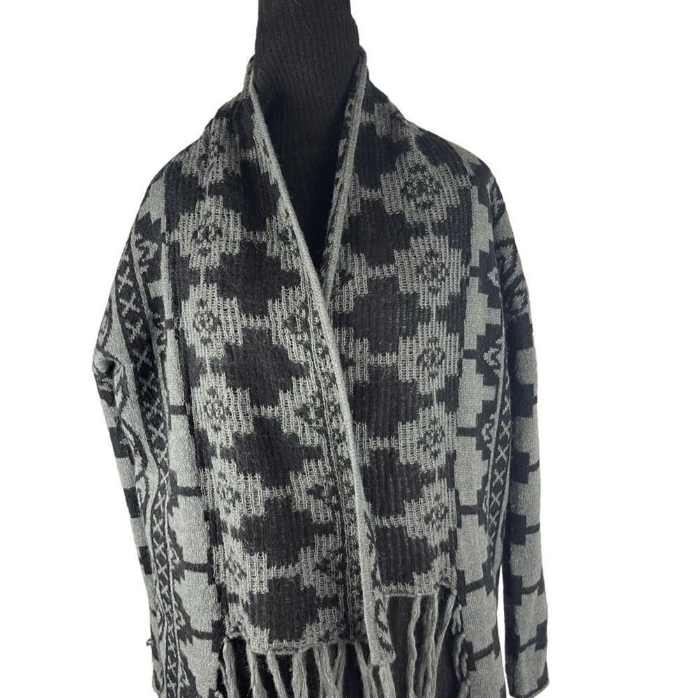 Caslon Women Cardigan Sweater Gray Black Geometric Fringe Open Front Size XS 327 - Picture 7 of 11